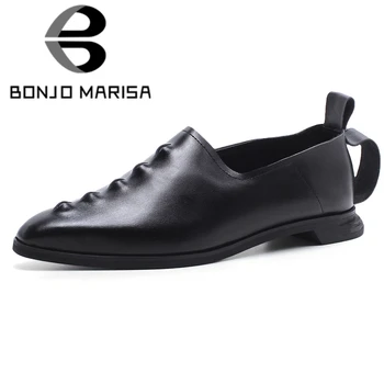 

BONJOMARISA Brand Female Spring Flats Pointed Toe Consise Sewing Flats Women Casual Office Genuine Leather Shoes Woman