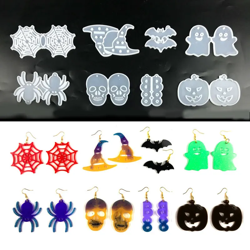 8 Pieces Halloween Earrings Pendant Resin Silicone Mold Set DIY Ghost Skull Bat Keychain Jewelry Pendant Epoxy Resin Gallon Mold