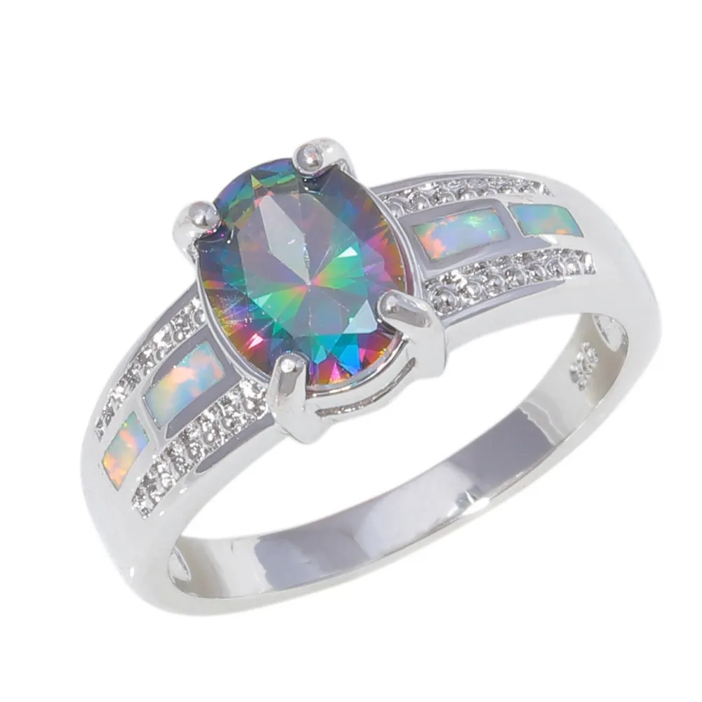 CiNily Created White Fire Opal Mystic Stone Silver Plated Wholesale for Women Jewelry Ring Size 5-11 OJ9443