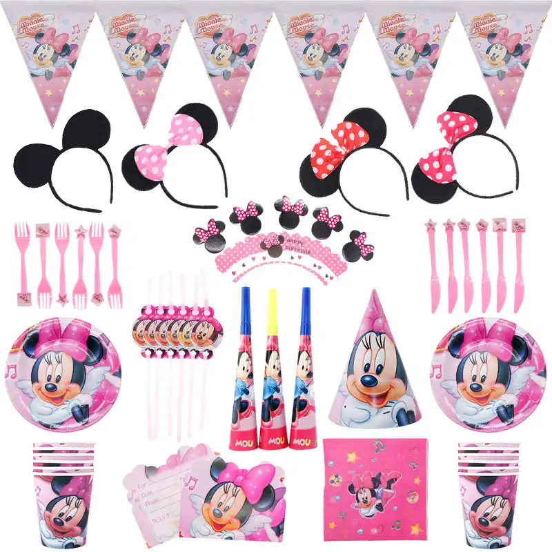 Taza Desechable Con Dibujo De Mickey Y Minnie Para Decoracion De Cumpleanos Platillo Pajitas De Tejido Fiesta De Bienvenida Para Ninos Materiales De Decoracion Para Boda Color Rosa Vajilla De Fiesta Desechable