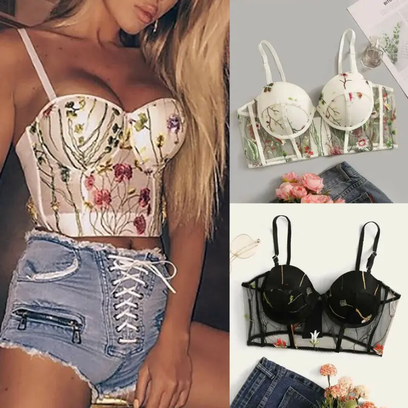 

1PC Women Ladies Camis Sexy Lingerie Floral Mesh Bralet Bra Tops Push Up Bralette Bustier Womens Clothing T Shirt Crop Top