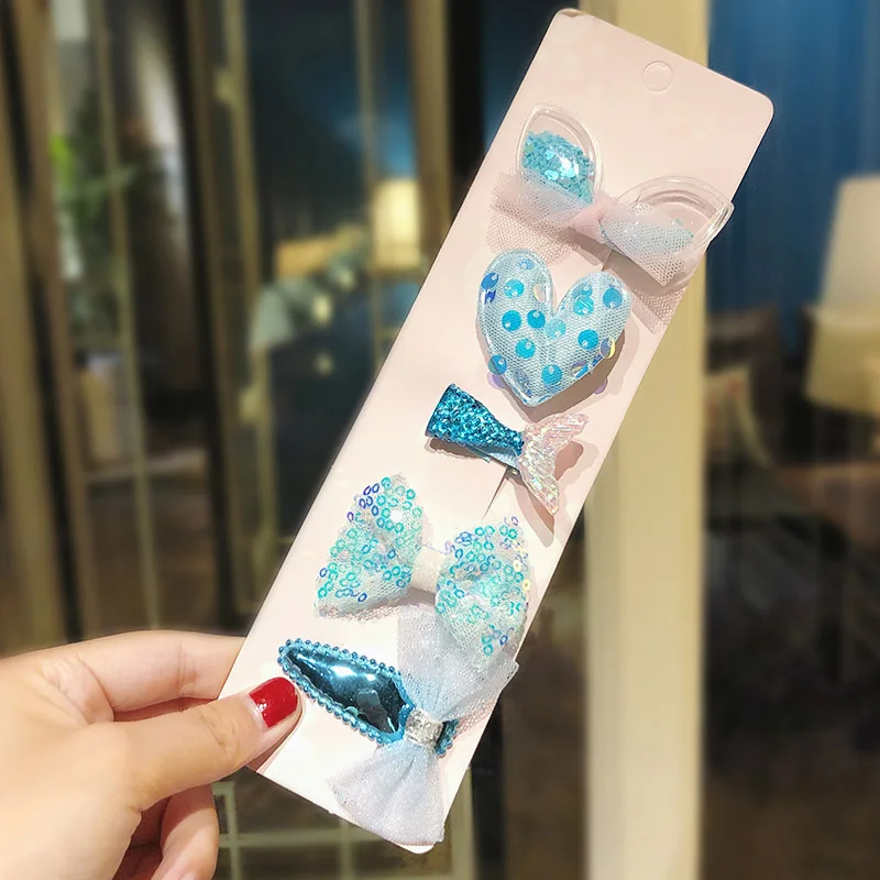 Blue Heart 5pcs 6 шт./компл. милые Мультяшные зажимы для волос для девочек; платье принцессы с цветочным рисунком, заколка для волос, аксессуары для детей, комплект детская заколка для волос Сладкий Головные уборы заколки для волос - Цвет: Blue Heart 5pcs