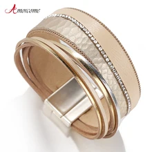 Amorcome кожаные браслеты для женщин модные с кристаллами в богемном стиле Многослойные широкие браслеты женские ювелирные изделия