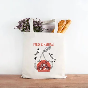 

Casual Tote Bag Canvas Daily Use Fresh Fruit Pattern Printing Large Capacity Storage Handbag Reusable Shopping Bags Women