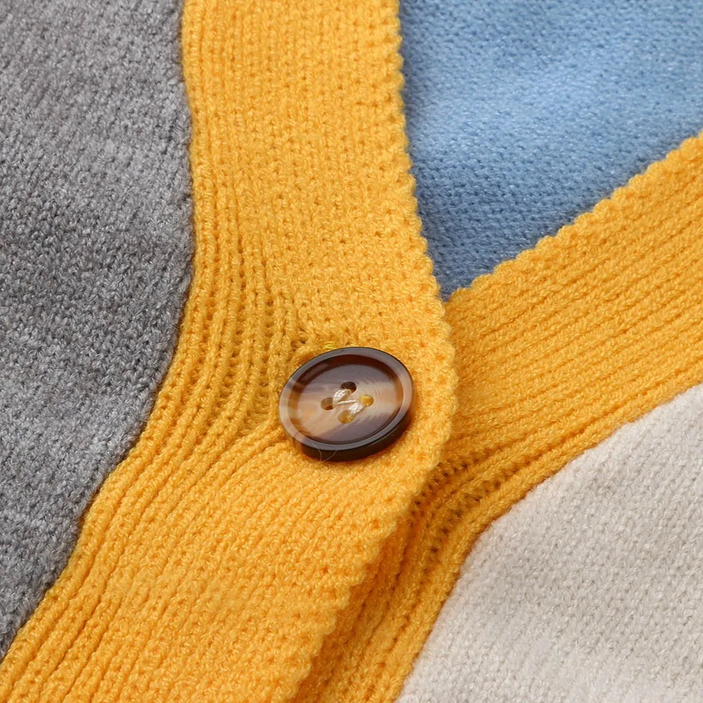 sueter mujer invierno Women Patchwork Long Sleeves Color Block Pockets V-Ncek Button Sweater Knit Cardigans