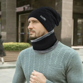 

Winter Hats For Men Beanies Neck Warmer Knit Hat Skullies Cap Scarf Sets Add Velvet Collars knitted Hat Fashion Windproof