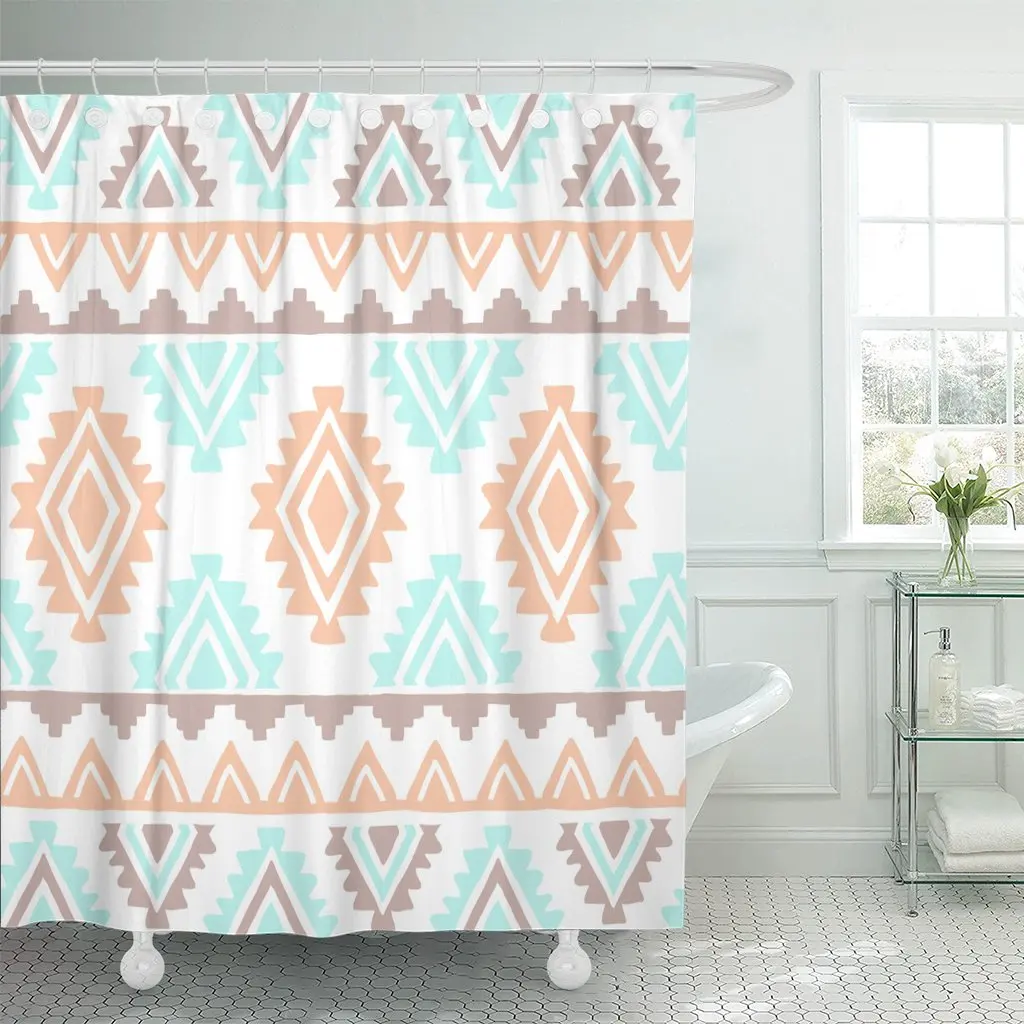 

Shower Curtain Blue Pattern Southwest Inspired Navajo Geometric Aztec Peach Color Waterproof Polyester Fabric Set with Hooks