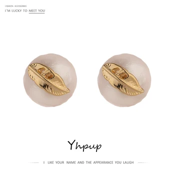 

Yhpup kpop Imitation Pearls Leaves Stud Earrings Elegant Geometric Copper Earrings for Women Fashion Jewelry Party Gift 2020