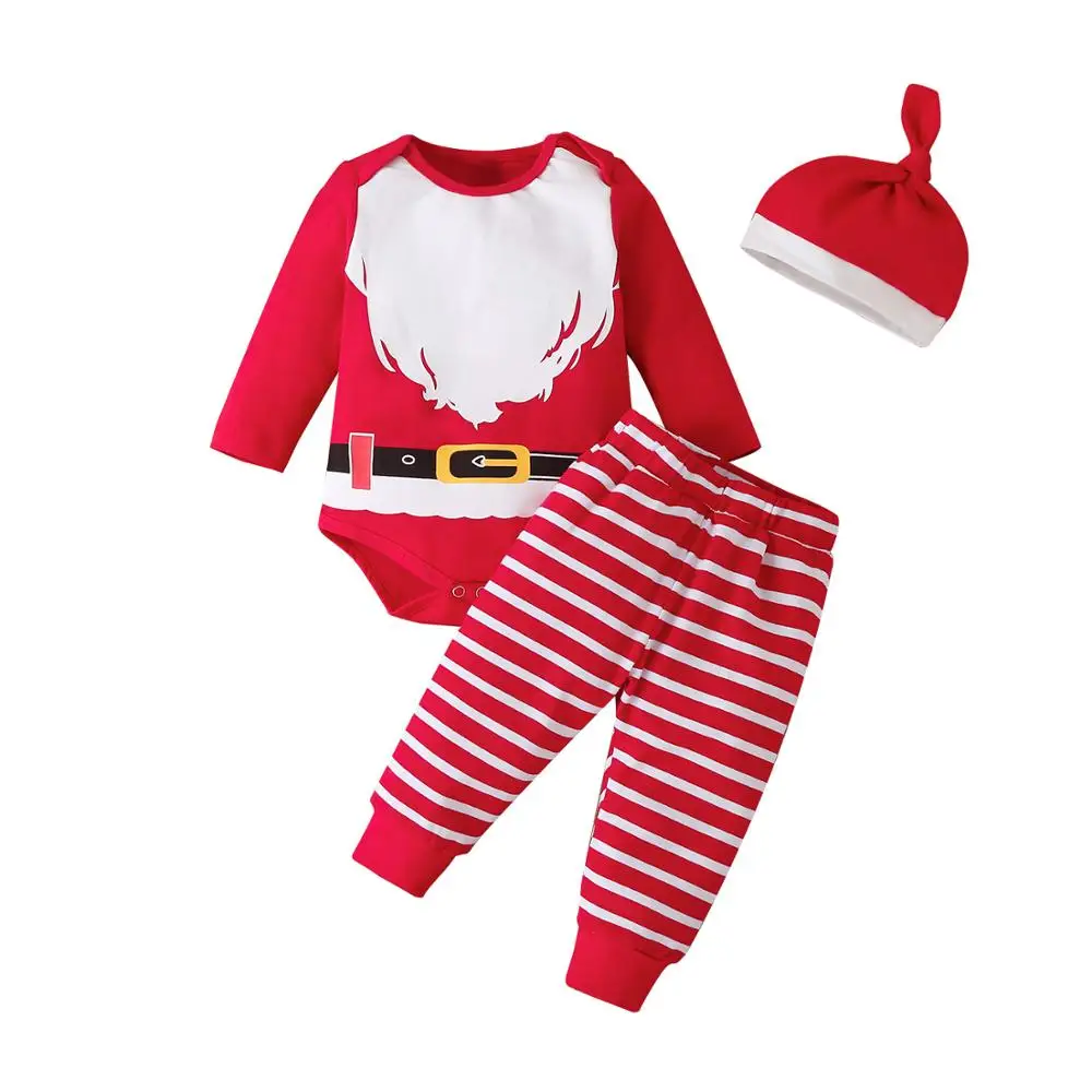 

2020 New Christmas Newborn Romper Cosplay Printing Long Sleeve Pants Suit Three-piece Striped Santa Suit Baby Boy Girl Clothes