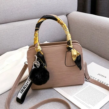 

Quality Leather Female Shoulder Bag Women Handbag with Scarf Casual Hair Ball Top-handle Bag Ladies' Crossbody Messenger Bag Sac