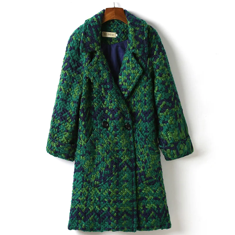 Зеленое Длинное шерстяное пальто женское винтажное офисное подиумное корейского размера плюс двубортное осеннее зимнее шерстяное пальто - Цвет: Green