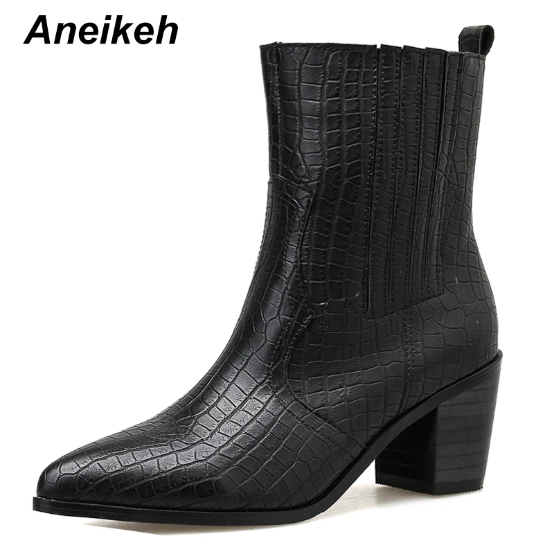 black Aneikeh/Новинка г. Модные ботинки «Челси» в стиле «казаки» женские ботинки для верховой езды с острым носком без застежки танцевальная обувь на квадратном каблуке Размеры 35-42 - Цвет: black