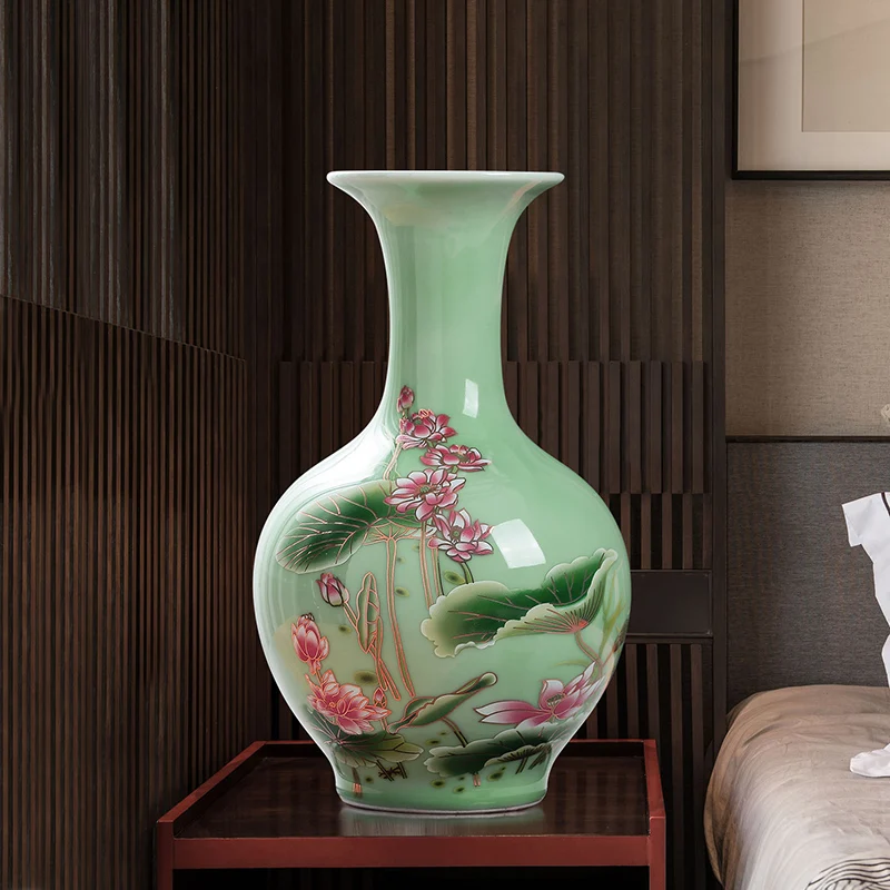 Jingdezhen Porcelain Vase ornament, living room flower arrangement, dry flower, antique lotus pattern,light green glaze vases 3