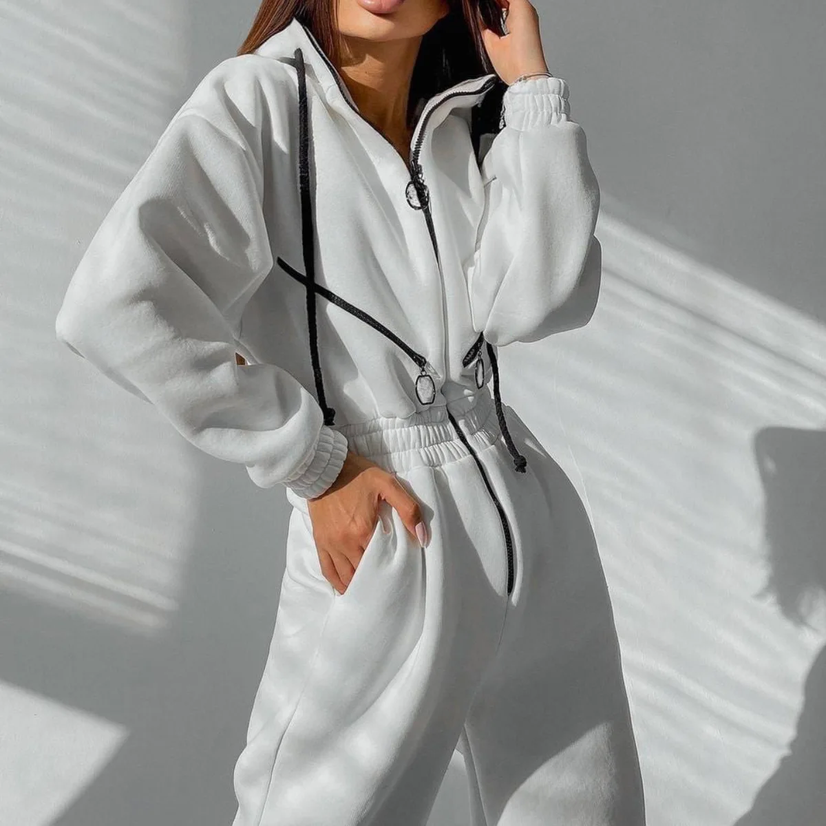 jogging suits women Casual Women Basic Hoodie Two Piece Sets Zipper Drawstring Jacket Outerwear And Elastic Pencil Pant Suit Fall Winter Tracksuit dressy pant suits to wear to a wedding