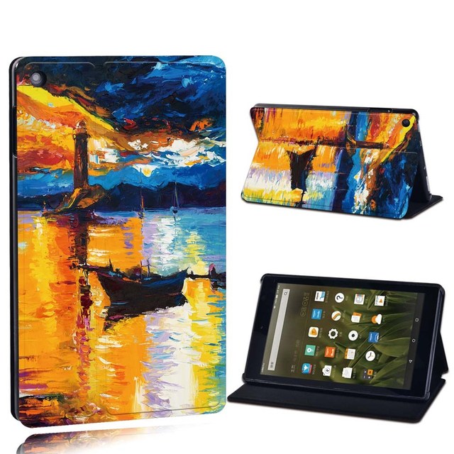 Amazon Fire 7 5/7/9th Gen / Fire HD 8 / 10 with alexa Printed Painting PU Leather Tablet Stand Folio Cover Case