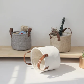 

DUNXDECO Home Office Storage Basket Table Organise Toys Snack Holder Mini Round Grey Linen Cotton Multifunction Container