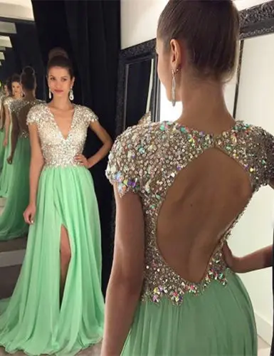 

Beautiful Prom party gown 2018 Beads Crystal sexy Backless v-neck Slit Long Robe De Spiree Vestido De Festa bridesmaid dresses