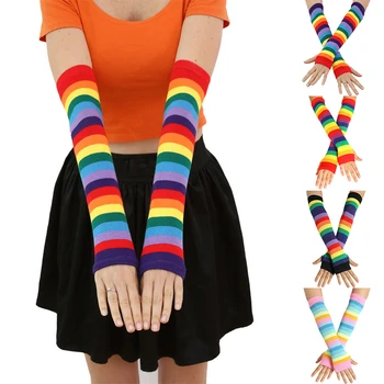 

Women Rainbow Striped Long sleeves Safety Sunscreen Arm Sleeve Suitable for Running Golf Cycling Summer Fingerless Mittens