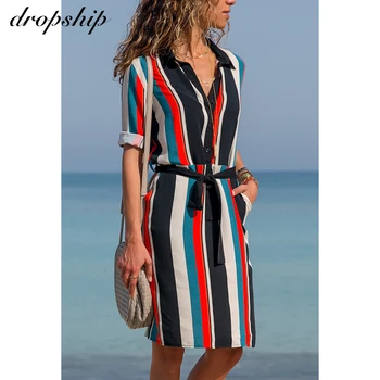 

2019 Office Ladies Stripe Shirt Dress Long Boho Beach Turn Down Collar Dresses Casual Long Sleeve Party Streetwear Vestidos