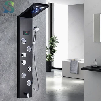 

Black Bathroom Shower Panel Digital Screen and Multi-mode Mixed Water Wall-mounted Bathroom Faucet System