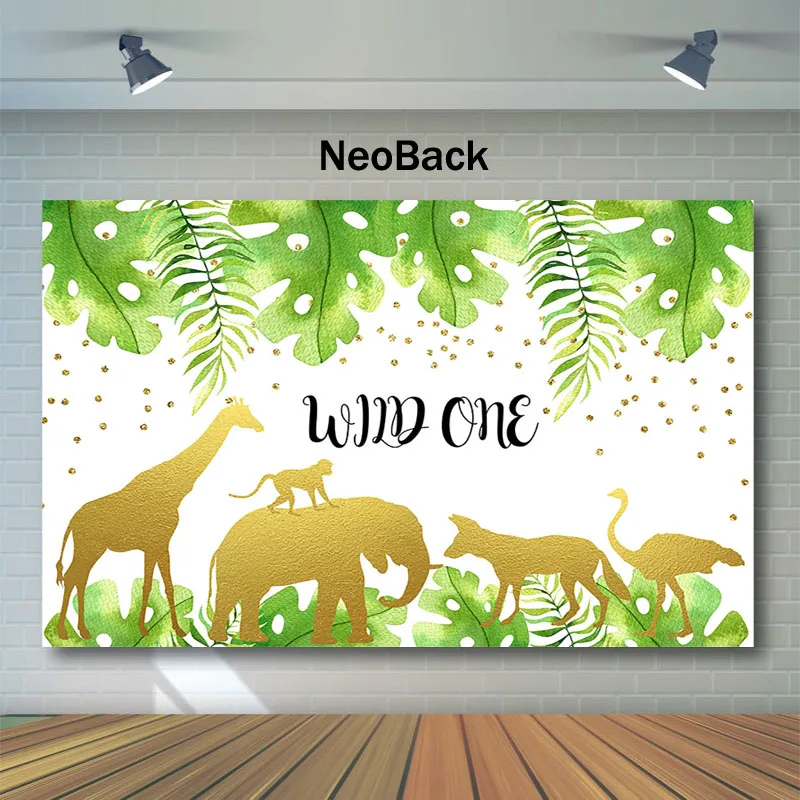 

NeoBack Wild One Backdrop Jungle Safari Birthday Photography Background Green leaves Gold Animal Baby Shower Photo Backdrops
