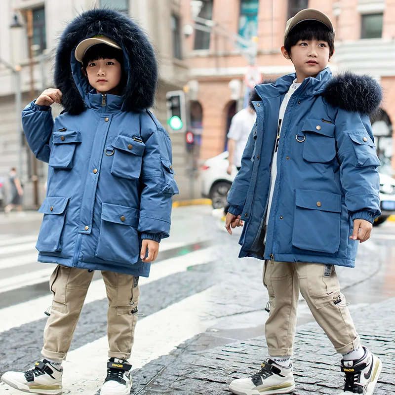 

-30degrees Winter new children' down jacket Boys windproof big fur collar down long coat kids solid color warm thick winter coat