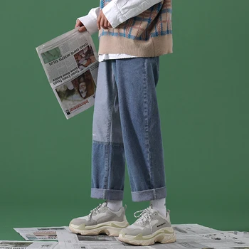 

Men's Baggy Homme Printing Straight Pants Wash Jeans Black/blue Color Casual Pants Male Biker Denim Male Loose Trousers S-2XL