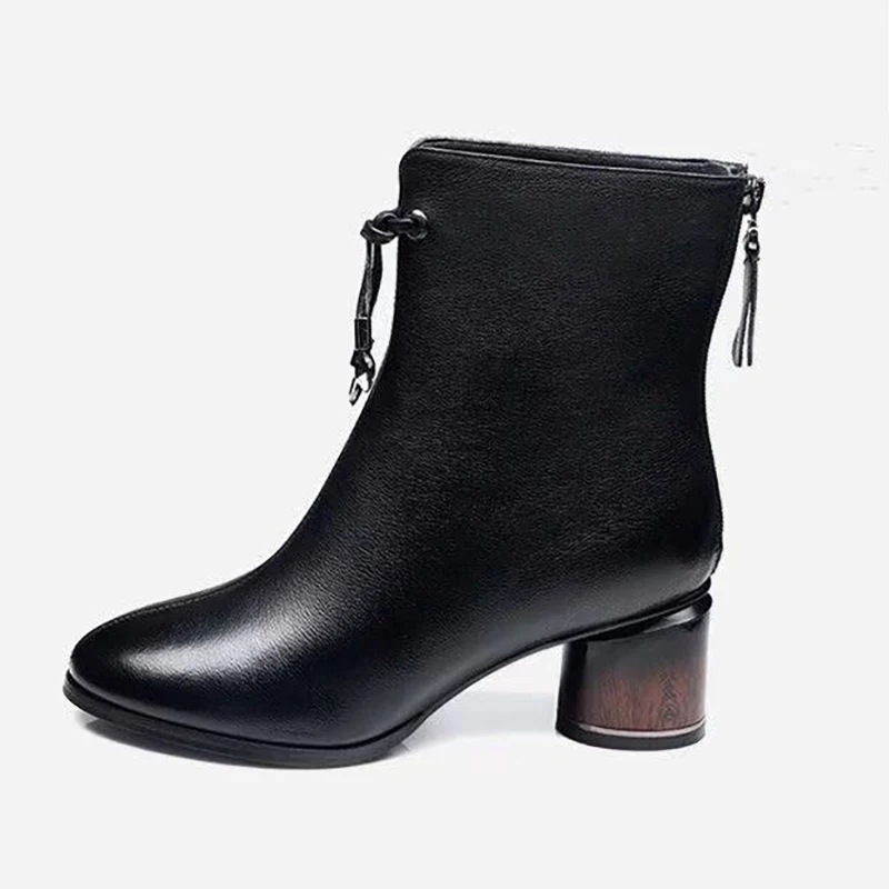 ZANPACE г. Кожаные женские Ботинки Зимняя теплая женская обувь черного цвета с бархатом ботильоны на толстом среднем каблуке Женская обувь, размер 40 - Цвет: Черный