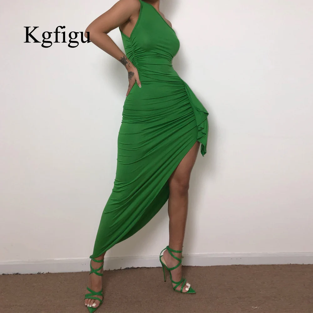 

KGFIGU 2019 New Solid One Shoulder Split Bandage Summer Dress Women Slim Fit Sexy Long Dress Casual Maxi Dress Party