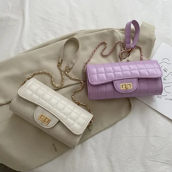 

Chain Lattice Pattern Shoulder Bag Women 2020 PU Leather Solid Color Messenger Handbags Fashion Simple Travel Crossbody Pouch