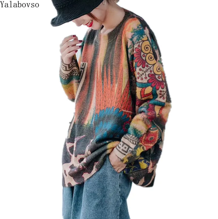 

Cartoon Printing vintage sweater for women new sleeve O neck collar bottom knit sweater women's top knit sweater women A888Z40