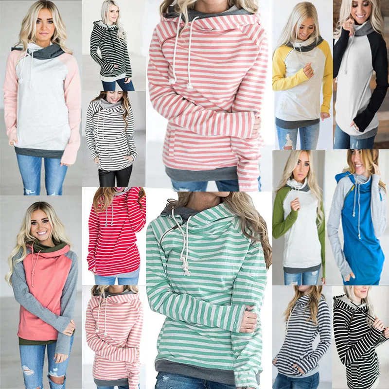

New 12-Colour Autumn Winter Casual Women Patchwork Striped Pullover Warm Long Sleeve Hoody Tops Pockets Double Hooded Sweatshirt