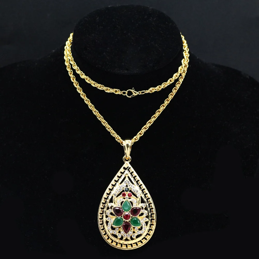 

Exaggeration Gold Plated Water Drop Shape Hollow Carved Flower Necklace Gems Crystal Long Chain Sweater Chain Hip Hop Jewelry