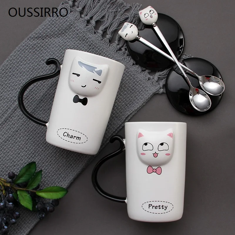 BEST  Cute Embossed Cat Couple Ceramic Mug Black and White Cat Kiss Mug Wedding Housewarming Gift With Sp