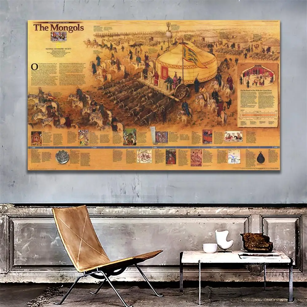 

A2 Size 1996 Edition The Wall Map Of Mongols HD Fine Canvas Vinyl Spray Painting For Home Decor Crafts