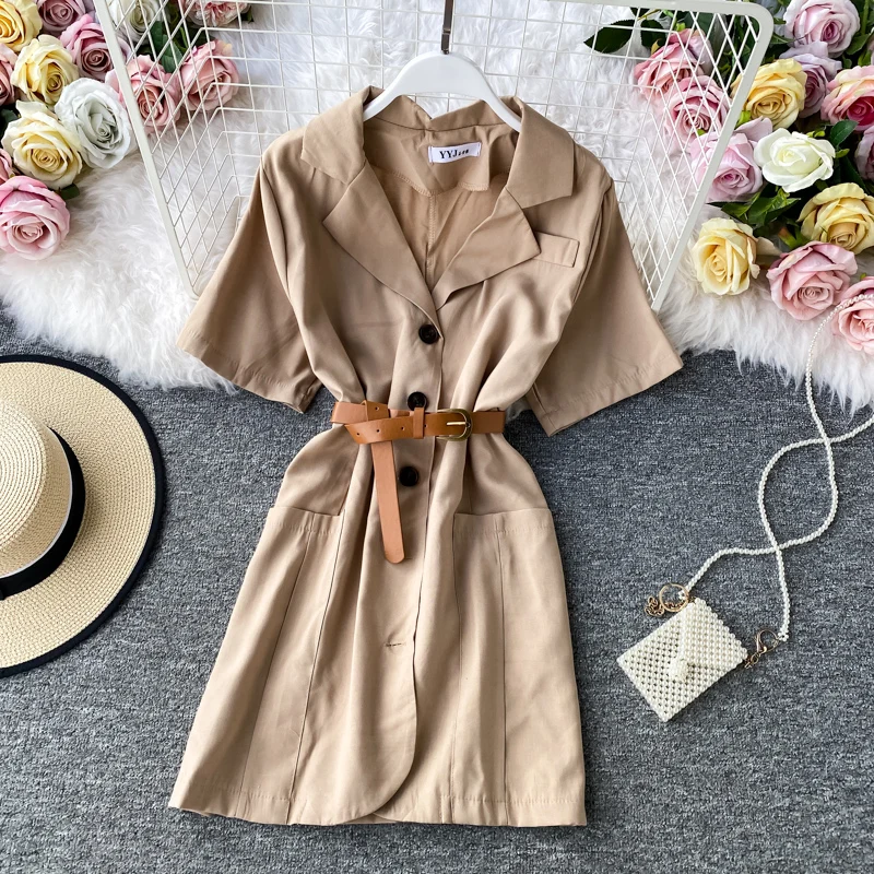 Корейский Летний Ретро деловой костюм воротник однобортное платье с поясом