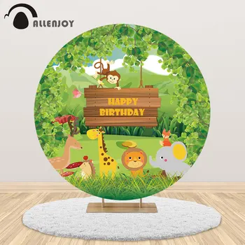 

Allenjoy Safari Party Round Backdrop Spring Leaves Elephant Lion Jungle Lawn Forest Birthday Baby Shower Background Table Cover