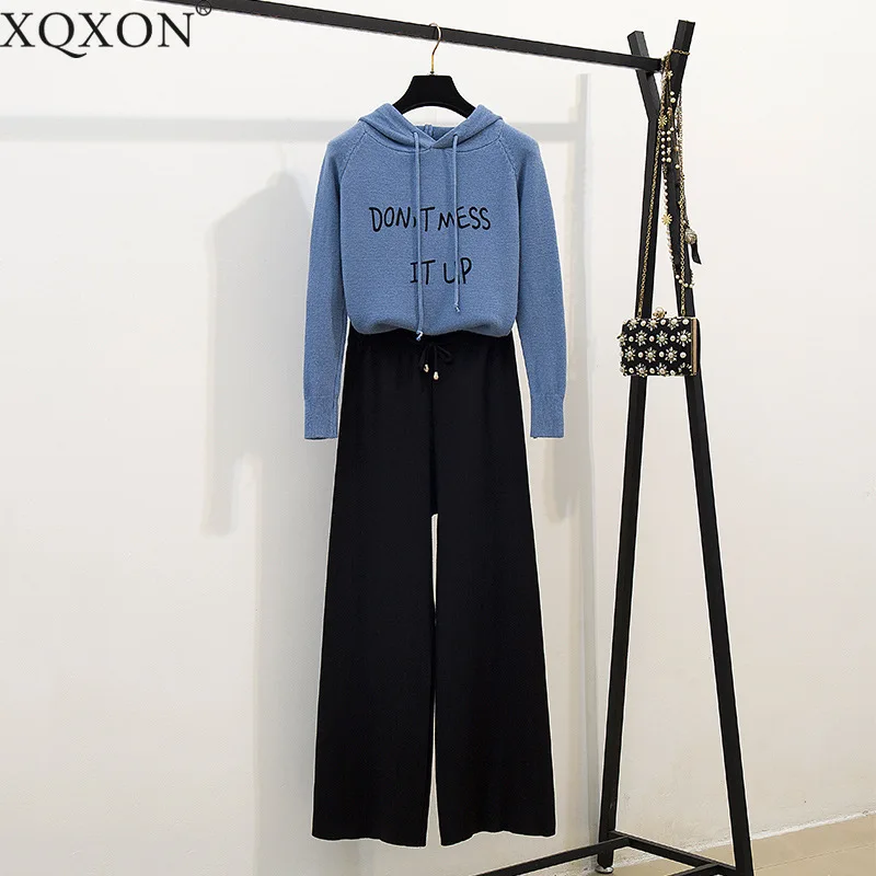 

2019 Autumn Winter Two Piece Set Letter Printed Knitting Blue Hooded Sweater And Wide-Legged Black Pants Set Leisure Outfits