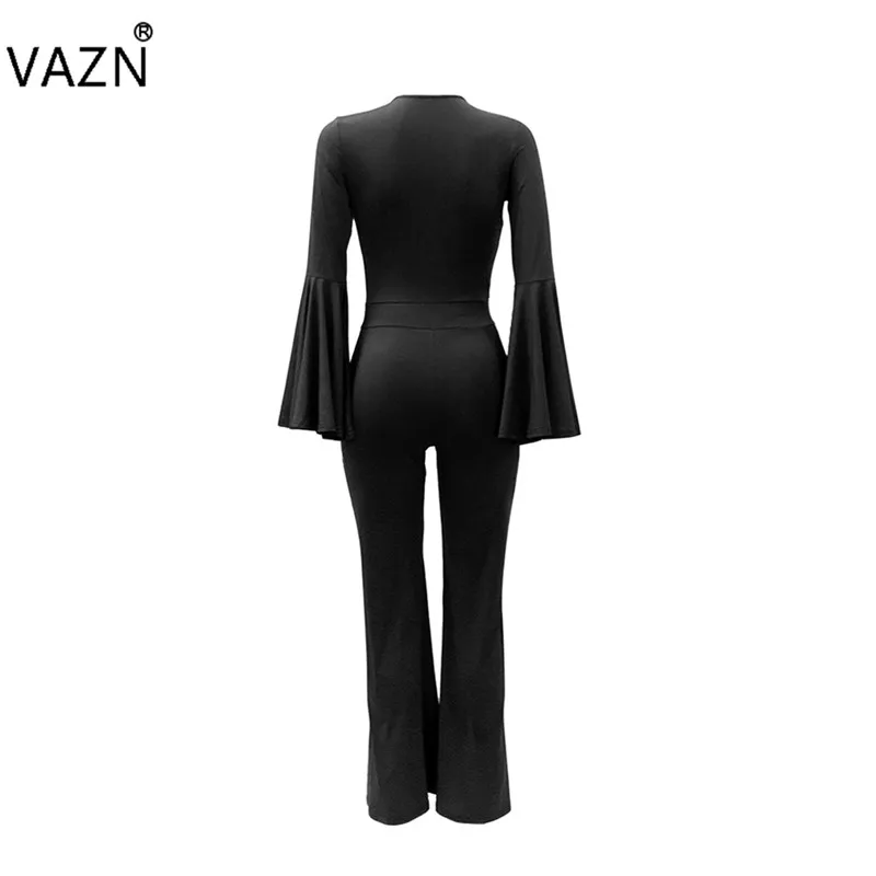 VAZN FM1125 продукт летний сексуальный женский 3 цвета комбинезон с широкими расклешенными рукавами комбинезон с v-образным вырезом Женский однотонный обтягивающий шикарный комбинезон