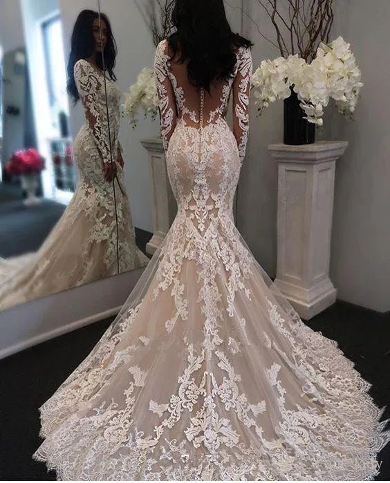 Champagne Vestido De Noiva Moslim Trouwjurken Mermaid Lange Mouwen Tulle Applicaties Lace Boho Trouwjurk Bridal Jurken Champagne Vestido De Noiva Moslim Trouwjurken Mermaid Lange Mouwen Tulle Applicaties Lace Boho Trouwjurk Bridal Jurken