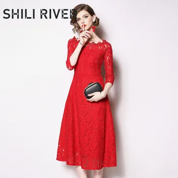 

New spring summer lace midi party dress for women a line half sleeve casual slim elegant cute pleated girl dresses red black