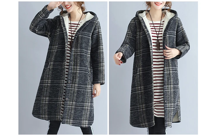 Зимняя коллекция, Новое поступление, женское платье средней длины в клетку, однобортное, с капюшоном, шерстяная куртка
