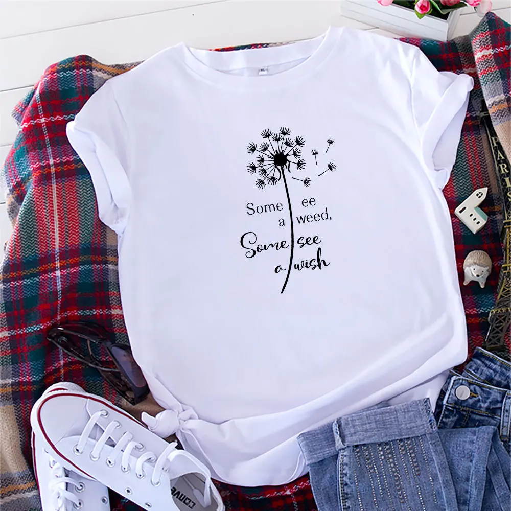 

100% Cotton Summer Dandelion Alphabet Print Women's T-shirt O-Neck Harajuku Top Casual Female T shirt Oversized Size S-5XL