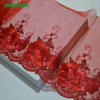 

2Yds/lot 23cm Wide Transparent Red Mesh Fluorescent Red Floral Embroidery High Quality Lace Trim For Garments Wedding