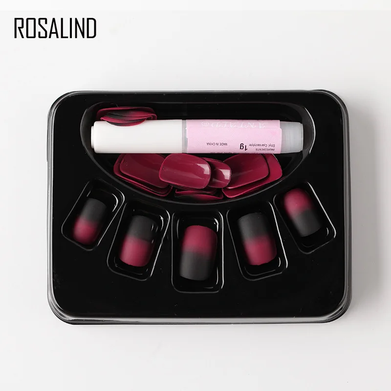 ROSALIND поддельные дизайн ногтей черный красный градиент матовые накладные ногти с покрытием водонепроницаемые носимые накладные ногти s