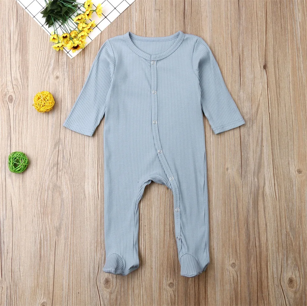 Новая весенне-осенняя одежда для малышей от 0 до 6 месяцев, одежда с длинными рукавами для новорожденных мальчиков и девочек, однотонный комбинезон в рубчик, комплект одежды