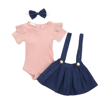 

Hot Sell Summer Toddler Girls 3pcs Short Sleeve Ruffle Tops Jumpsuit + Blue Suspender Skirt Set Dress Clothes