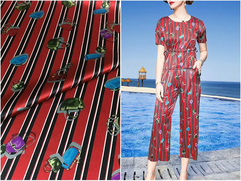 19 mm heavy silk fabric new vertical stripes bag printing elastic natural satin dress cloth red and black fashion | Дом и сад
