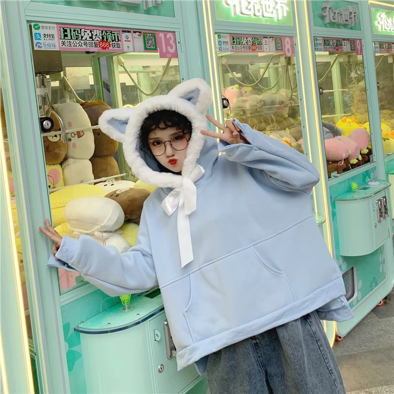 Harajuku Толстовка Женская синяя однотонная Kawaii Большие размеры корейский стиль модная одежда Женская толстовка с капюшоном Женская Толстая Повседневная Мягкая
