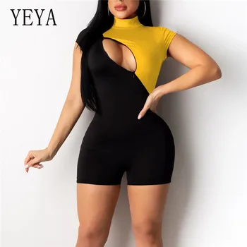 

YEYA New Sport Running Sexy Hollow Out Club Rompers Summer O-neck Elegant Women Jumpsuit Patchwork Short Playsuits